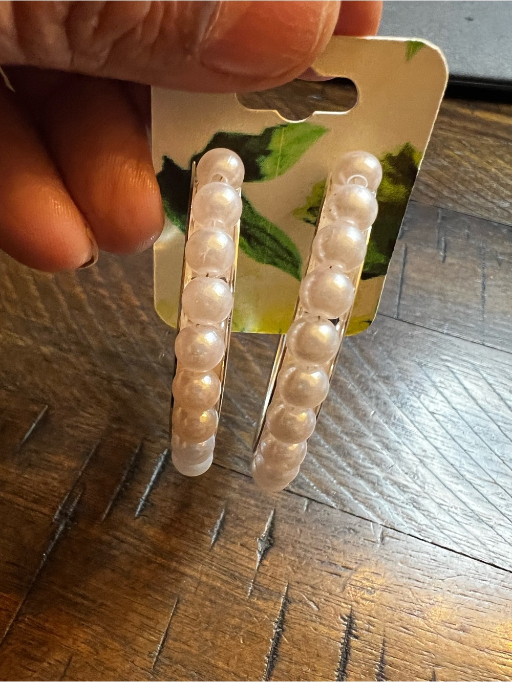 Faux White Pearl-Trim Silver Tone Hoop Earrings